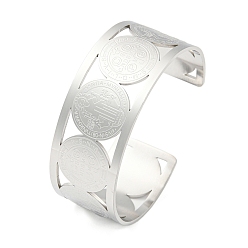 Платина 304 широкие полые браслеты из нержавеющей стали с медалью Святого Бенедикта и открытыми манжетами, платина, внутренний диаметр: 2-1/2 дюйм (6.3 см), 22 мм