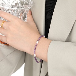 Аметист Браслеты из круглых бусин из натурального аметиста для женщин, украшения из нержавеющей стали для женщин, с клеймом k18 и имитацией жемчуга