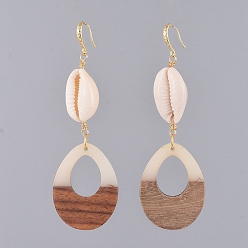 Creamy White Dangle Earrings, with Resin & Wood Pendants, Cowrie Shell, Golden Plated Brass Earring Hooks, Copper Wire and Cardboard Packing Box, Teardrop, Creamy White, 90mm, Pin: 0.7x1mm