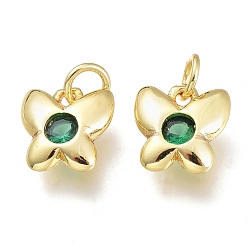 Зеленый Латунные микро проложить кубического циркония прелести, с целью перехода в кольце, бабочка, золотые, зелёные, 8x7.5x2.5 мм, отверстие: 1.5 мм перемычки: 3.5x0.8 мм