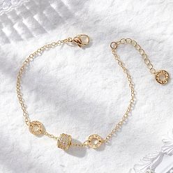 Настоящее золото 18K Браслеты из латунных бусин кубического циркония, цепочки-кабели для женщин, Колонка и плоские круглые, реальный 18 k позолоченный, 7.24 дюйм (18.4 см)