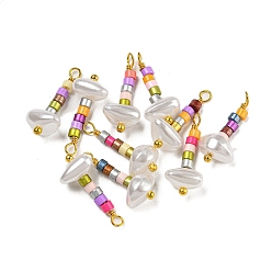 Mixed Color ABS Plastic Imitation Pearl Pendants, with Real 18K Gold Plated Brass Loops and Glass Seed Beads, Mixed Color, 18.5~19.5x8x5.5mm, Hole: 1.6mm