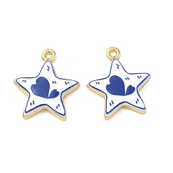 Real 18K Gold Plated Printed Brass Pendants, Star with Heart Charms, Rack Plating, Long-Lasting Plated, Lead Free & Cadmium Free, Blue, Real 18K Gold Plated, 21.5x18.5x3.5mm, Hole: 1.7mm