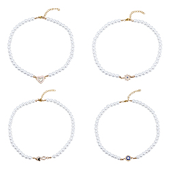 Белый 4шт. 4 стиль сердце & дурной глаз & бесконечность & шлем латунные стразы подвески ожерелья комплект с искусственным жемчугом бусины цепи для женщин, белые, 16.93~17.52 дюйм (43~44.5 см), 1 шт / стиль