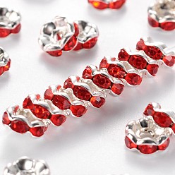 Red Brass Rhinestone Spacer Beads, Grade A, Red, Silver Color Plated, Nickel Free, Size: about 6mm in diameter, 3mm thick, hole: 1mm