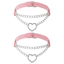 Pink 2 шт. ожерелья-чокеры в стиле панк из искусственной кожи с сердечками из сплава для женщин, платина, розовые, 18.50 дюйм (47 см)