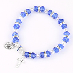 Синий Стеклянные бусины растянуть браслеты, браслеты с подвесками крест и овал с королем для женщин и мужчин, с имитацией жемчуга, граненые, синие