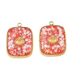 Коралловый 304 нержавеющей стальной эмали подвески, прямоугольник в форме ракушки, с блесток, ионное покрытие (ip), ручная полировка, реальный 18 k позолоченный, коралл, 19.5x14.5x4 мм, отверстие : 1.4 мм