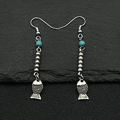 Fish Серьги-подвески из сплава в этническом стиле с кисточками, рыба, серебряные