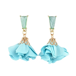 Light Sky Blue Alloy Dangle Ear Studs, with Handmade Cloth Pendant, Plastic Ear Nuts, Flower, Light Sky Blue, 43mm, Pin: 0.7mm