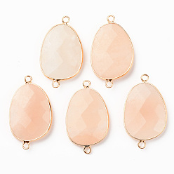 Розовый Авантюрин Звенья из натурального розового авантюрина, с латунными петлями по краям, покрытыми светлым золотом, овальные, граненые, 38x22.5x6 мм, отверстие : 2 мм