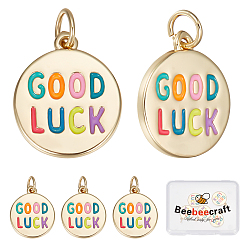 Разноцветный 6 кулоны латунные эмалевые шт., с целью перехода в кольце, долговечный, реальный 18 k позолоченный, плоский круглый и слово удачи, красочный, 16x14x2 мм, Перейти кольцо: 5x0.8 мм, 3.4 мм внутренним диаметром