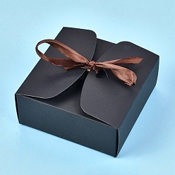 Black Kraft Paper Gift Box, Folding Boxes, with Ribbon, Bakery Cake Biscuits Box Container, Square, Black, Unfold: 34.1x36x0.03cm, Finished Product: 12x12x5cm