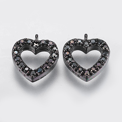 Gunmetal Brass Micro Pave Cubic Zirconia Charms, Hollow Heart, Black, Gunmetal, 10x9x2mm, Hole: 0.5mm