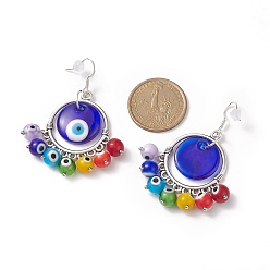 Colorful Handmade Evil Eye Lampwork Dangle  Earrings, with 304 Stainless Steel French Earring Hooks, Silver Plated Color, Colorful, 61mm, Pendant: 45x39x15mm, Pin: 0.7mm