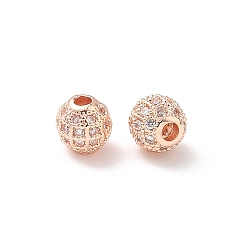 Розовое Золото Круглые латунные микро проложить кубического циркония бусы, прозрачные, розовое золото , 6 мм, отверстие : 1.8 мм