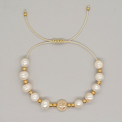 Белый Регулируемые пластиковые браслеты из искусственного жемчуга, украшения из латуни для женщин, плоские круглые с святым Бенедиктом, белые, 11.02 дюйм (28 см)