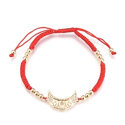 Rot Muttertag Geschenke, verstellbare Nylonschnur geflochtenen Perlen Armbänder, mit Messing-Mikropflaster-Zirkonia-Gliedern und Messing-Rundperlen, Mond mit Wort Mama, golden, rot, Innendurchmesser: 2-1/4~3-3/4 Zoll (5.7~9.5 cm)