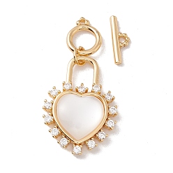 Golden Heart Brass Clear Cubic Zirconia Toggle Clasps, with White Shell , Golden, 45mm, Heart: 26.5x19x5.7mm, Round Clasp: 11.5x9x1.5mm, Bar: 13x4.7x2mm