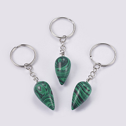 Malachite Synthetic Malachite Keychain, with Iron Key Rings, Platinum, teardrop, 80.5mm, Pendant: 33.5x15.5mm