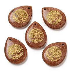 Камень с Пылевым Золотом Подвески-капли из синтетического золота, подвески-слезинки с гравированным золотым деревом жизни, 33~33.5x24.5~25x7~7.5 мм, отверстие : 2 мм