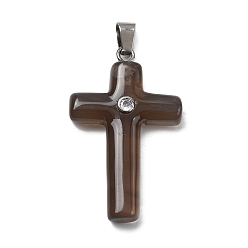 Серый агат Подвески-крестики из натурального серого агата, с латунными микро проложить кубических выводы циркония, платина, стойки покрытие, 44.5~45x27.5~28.5x7~8.5 мм, отверстие : 4x6.5 мм