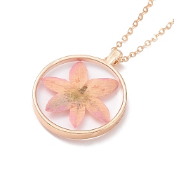 Pink Dry Pressed Real Flower Resin Pendant Necklace, Light Gold Alloy Choker Necklace for Women, Pink, 19.69 inch~20.47 inch(50~52cm)