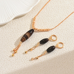 Золотой Комплекты серег и ожерелий из натурального агата с конским глазом и бусинами-кисточками для женщин, золотые, ожерелья: около 17.72 дюйма (45 см)