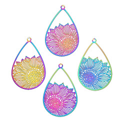 Rainbow Color 201 из нержавеющей стали филигранные подвески, гравированные металлические украшения, слезинка с цветочным шармом, Радуга цветов, 47x30x0.3 мм, отверстие : 2 мм