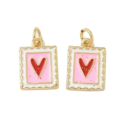 Pink Латунь эмаль прелести, прямоугольник с подвеской в виде сердца, с целью перехода в кольце, без свинца и без кадмия, долговечный, стойки покрытие, реальный 18 k позолоченный, розовые, 14.5x10.5x1.5 мм, отверстие : 3.4 мм