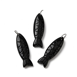 Обсидиан Резные подвески из натурального обсидиана, рыбы прелести, с 304 кольцами из нержавеющей стали, цвет нержавеющей стали, 33.5~34.5x10.5x7~7.5 мм, отверстие : 7 мм