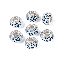 Cyan Clair Perles européennes en résine opaque, Perles avec un grand trou   , Motif rondelle et léopard, avec noyaux en laiton plaqué couleur argent, cyan clair, 13.5~14x8~9mm, Trou: 4.5~5mm