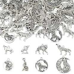 Antique Silver 80Pcs 8 Styles Tibetan Style Alloy Pendants, Wolf with Flat Round/Moon, Antique Silver, 15~33x9.5~26x1.5~3mm, Hole: 1~2.5mm, 10pcs/style