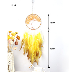 Желтый Тканая паутина/сетка с подвесными украшениями из перьев, Плоские круглые бусины с древом жизни, обернутые натуральной цитриновой стружкой, для украшения интерьера комнаты, желтые, 560 мм