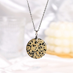 Далматинских Джаспер Ожерелья с плоскими круглыми подвесками из натуральной далматинской яшмы, Ожерелье-цепочка из нержавеющей стали для женщин и мужчин, 19.69 дюйм (50 см)