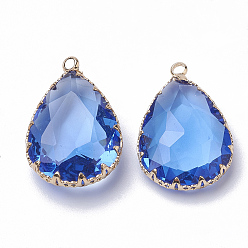 Royal Blue K9 Glass Pendants, with Golden Tone Brass Findings, Faceted, Drop, Royal Blue, 29~30x19x6~8.5mm, Hole: 2mm