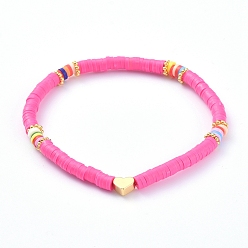 Camellia Handmade Polymer Clay Heishi Bead Stretch Bracelets, with Heart Brass Beads and Alloy Spacer Beads, Camellia, 2-1/8 inch(5.3cm)