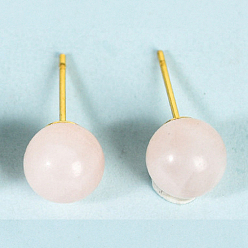 Розовый Кварц Серьги-гвоздики из натурального розового кварца, круглые, золотые, 20x8 мм