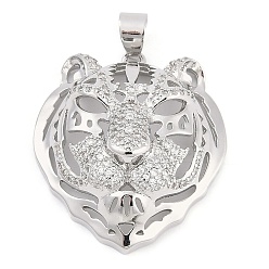 Платина Латунные микро проложить кубического циркония подвески, без кадмия и без свинца, амулеты тигр, платина, 30.5x27x11 мм, отверстие : 4x3 мм