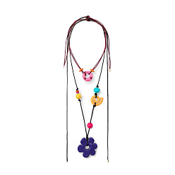 Colorful Resin and Wood Flower Conch Shape Pendant Waxed Cord Double Layer Necklaces for Women, Colorful, 32.28~51.18 inch(82~130cm), about 2pcs/set