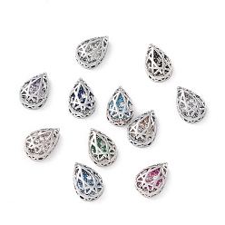 Mixed Color Rack Plating Brass Micro Pave Cubic Zirconia Multi-strand Links, Cadmium Free & Lead Free, Teardrop, Platinum, Mixed Color, 12x8x5mm, Hole: 1.2mm