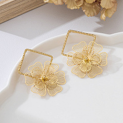 Rhombus Pendientes de botón de aleación con filigrana, flor, dorado, rombo, 60x40 mm