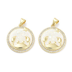 Рак Латунные микропаве прозрачные подвески с фианитом, без кадмия и без свинца, с синтетическим опалом и жемчугом из АБС-пластика, реальный 18 k позолоченный, плоский круглый шарм с двенадцатью созвездиями, рак, 23x20x2.5 мм, отверстие : 4.5x3 мм