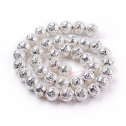 Silver Plated Electroplated Natural Lava Rock Beads Strands, Round, Bumpy, Silver Plated, 10~10.5mm, Hole: 1.5mm, about 39pcs/strand, 15.35 inch(39cm)