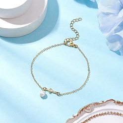 Настоящее золото 18K Латунные кабельные цепи браслеты, браслеты с поперечными связями для женщин, с жемчугом из раковины , реальный 18 k позолоченный, 7-1/4 дюйм (18.5 см)