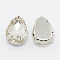 Кристалл Шить на горный хрусталь, стекло горный хрусталь, с настройками латуни, аксессуары для одежды, граненые, слеза, Платиновый металл, кристалл, 8x6x5 мм, отверстие : 0.8 мм