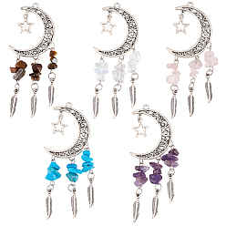 Turquoise 10Pcs 5 Styles Opalite & Synthetic Turquoise & Natural Amethyst & Tiger Eye & Rose Quartz Chip and Alloy Hollow Moon Big Pendants, Woven with Feather Charms, Antique Silver, 86mm, 2pcs/style, 10pcs/bag