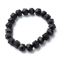 Black Frosted Glass Beads Stretch Bracelets, Faceted, Polygon, Black, Beads: 9~9.5x9~9.5mm, Inner Diameter: 2-1/8 inch(5.4cm)