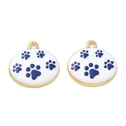 Dark Blue Printed Brass Pendants, Oval with Paw Print Charms, Rack Plating, Long-Lasting Plated, Lead Free & Cadmium Free, Real 18K Gold Plated, Dark Blue, 19x19.5x3.5mm, Hole: 2mm