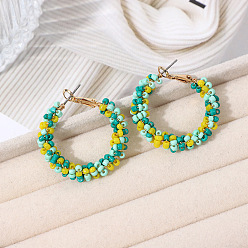 Темный Голубой Серьги-кольца из железного стекла и бисера в стиле бохо, золотые, темные голубые, 38x35 мм